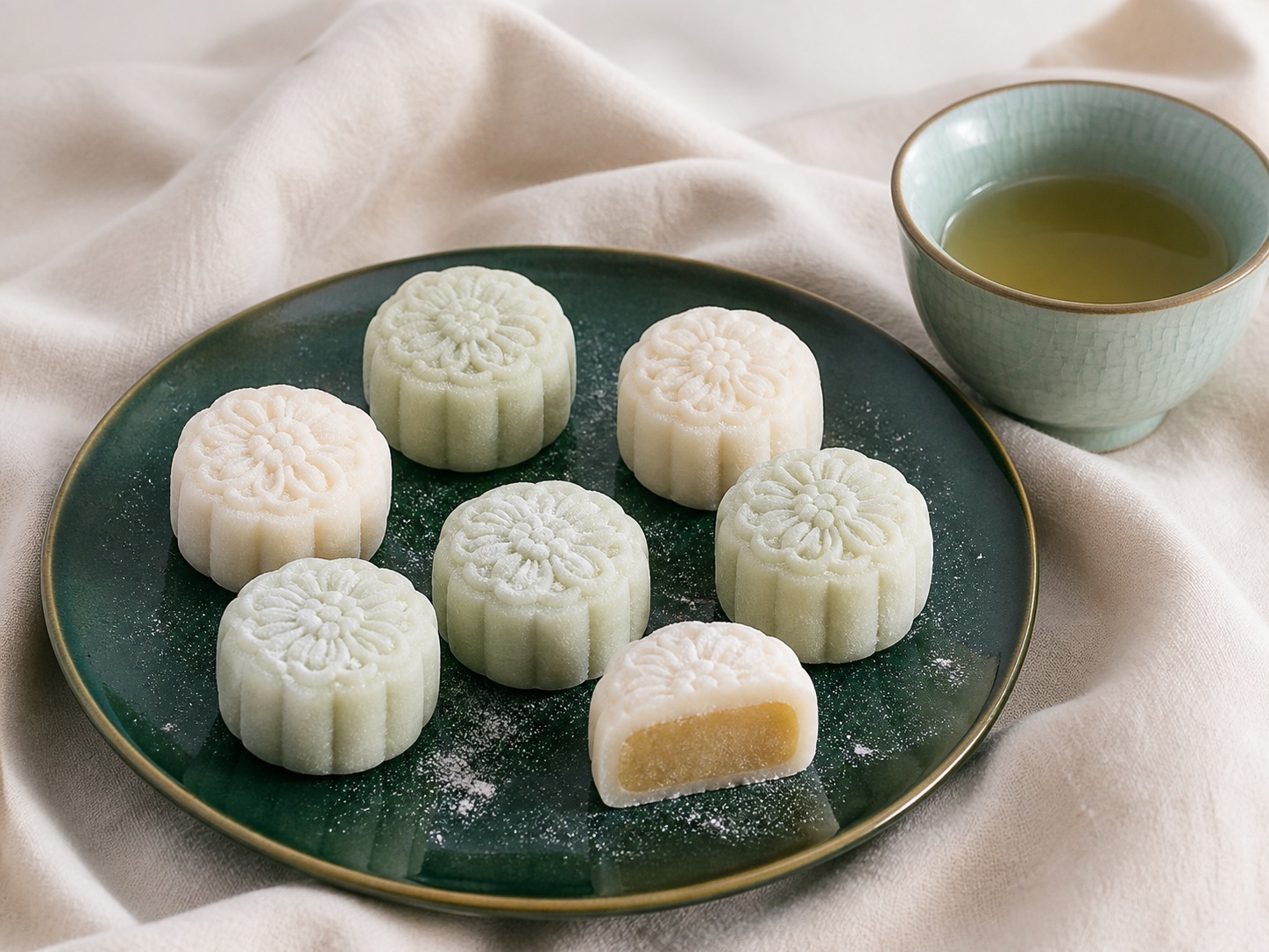 Six small pale ivory and jade no-bake mochi mooncakes on a side plate beside a teacup