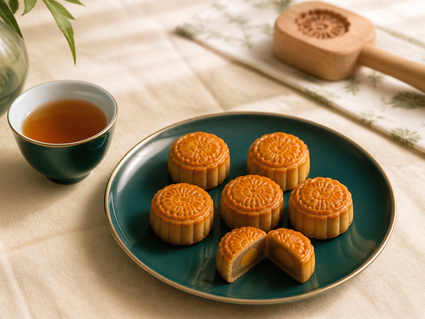 Six small golden-brown traditional baked mooncakes on a side plate beside a teacup